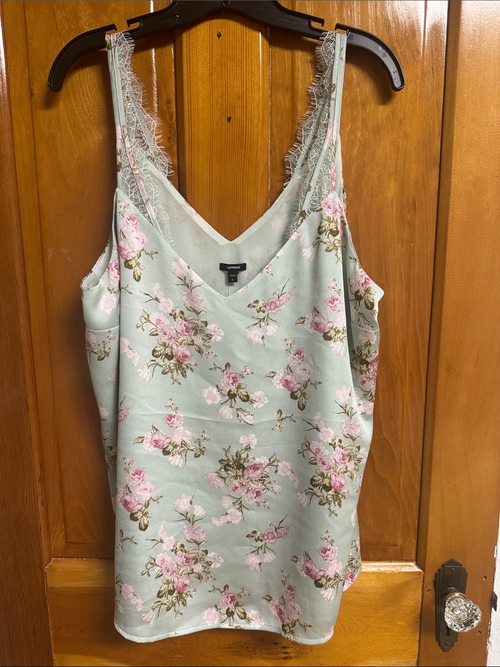 Express Mint Green Floral Lace-Trim Cami with Pink Roses